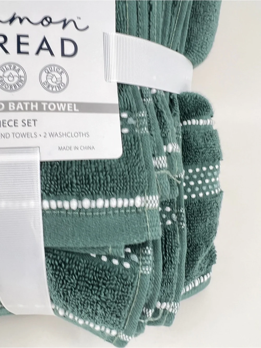 Common Thread Bath Towel Set Green White Quick Dry Low Twist Cotton 6 Pc NEW